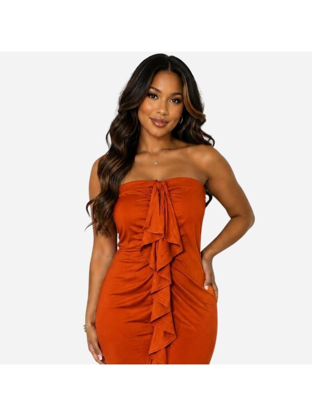 🔥 Burnt Orange Strapless Midi Dress – Size Medium 🔥